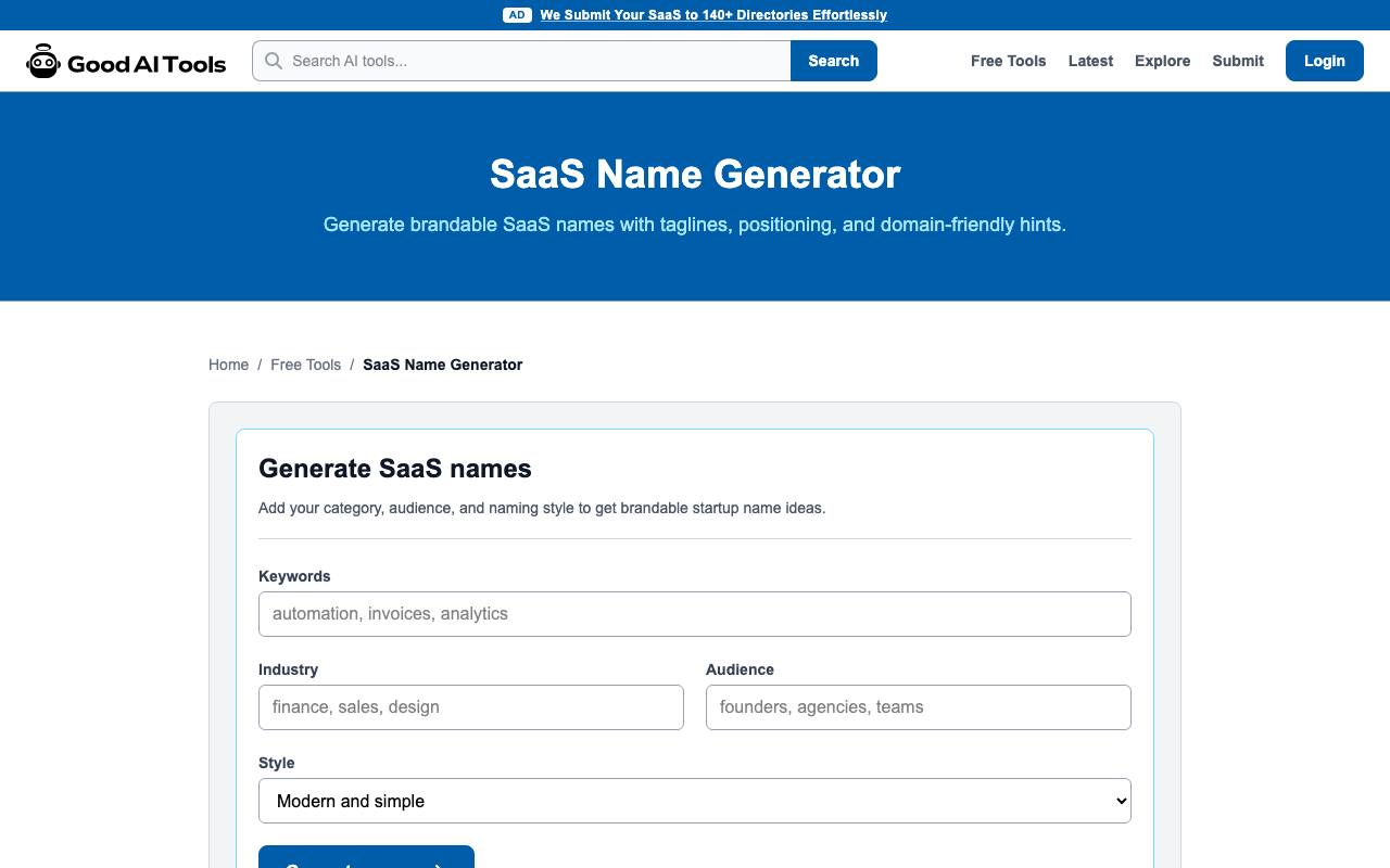 SaaS Name Generator screenshot