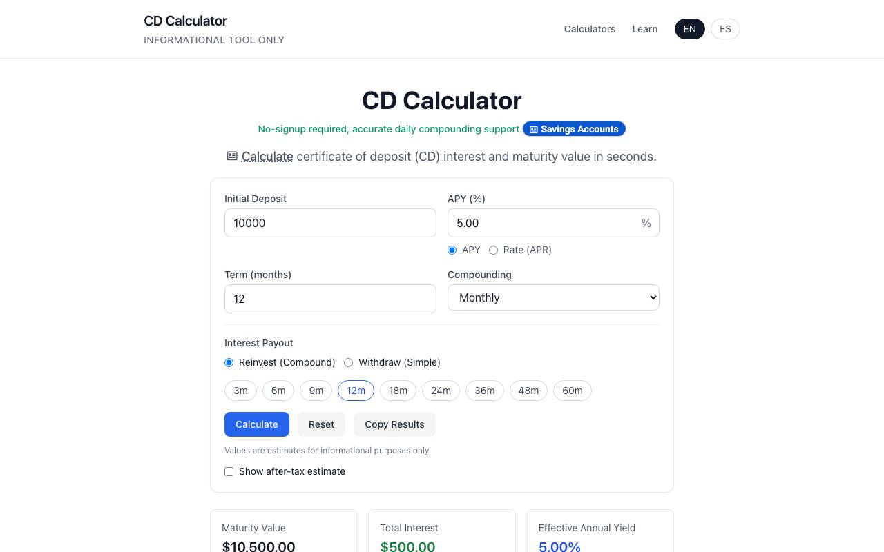 CD Calculator (mycdcalc.com) screenshot