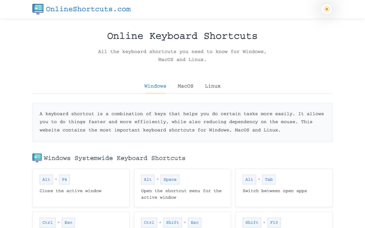 Online Keyboard Shortcuts screenshot