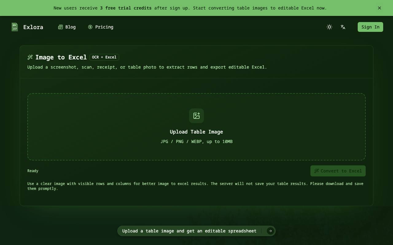 Exlora | Image to Excel Online Tool screenshot