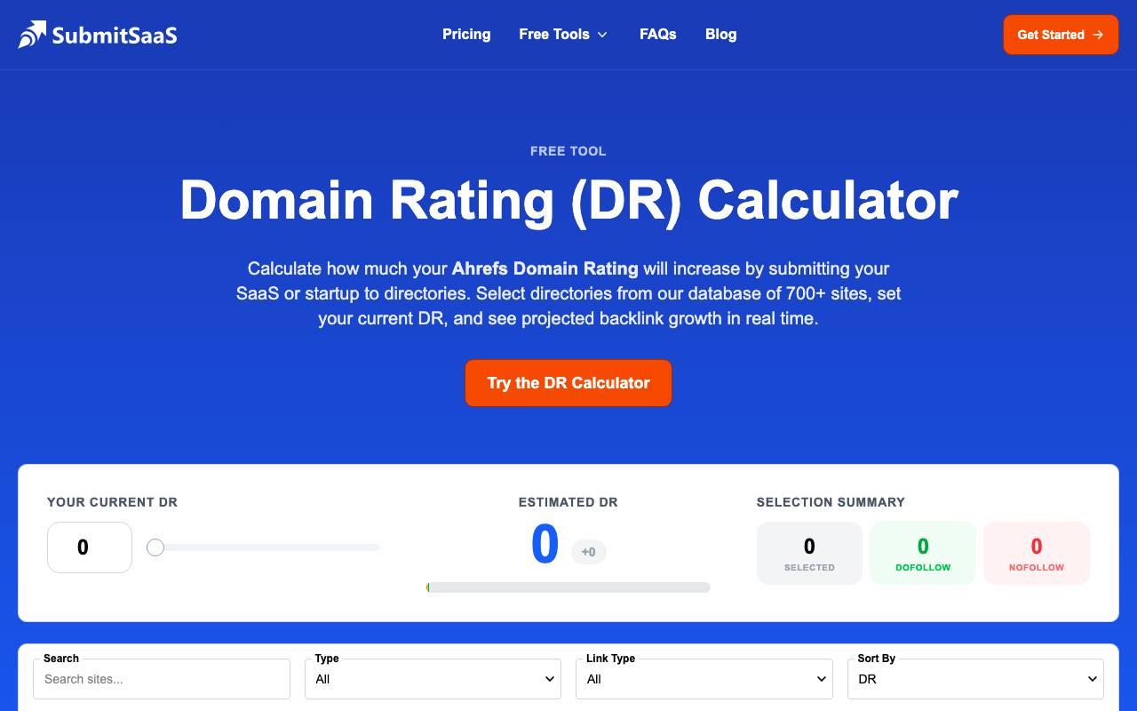SubmitSaaS Domain Rating Calculator screenshot