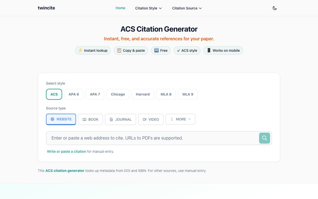ACS Citation Generator screenshot