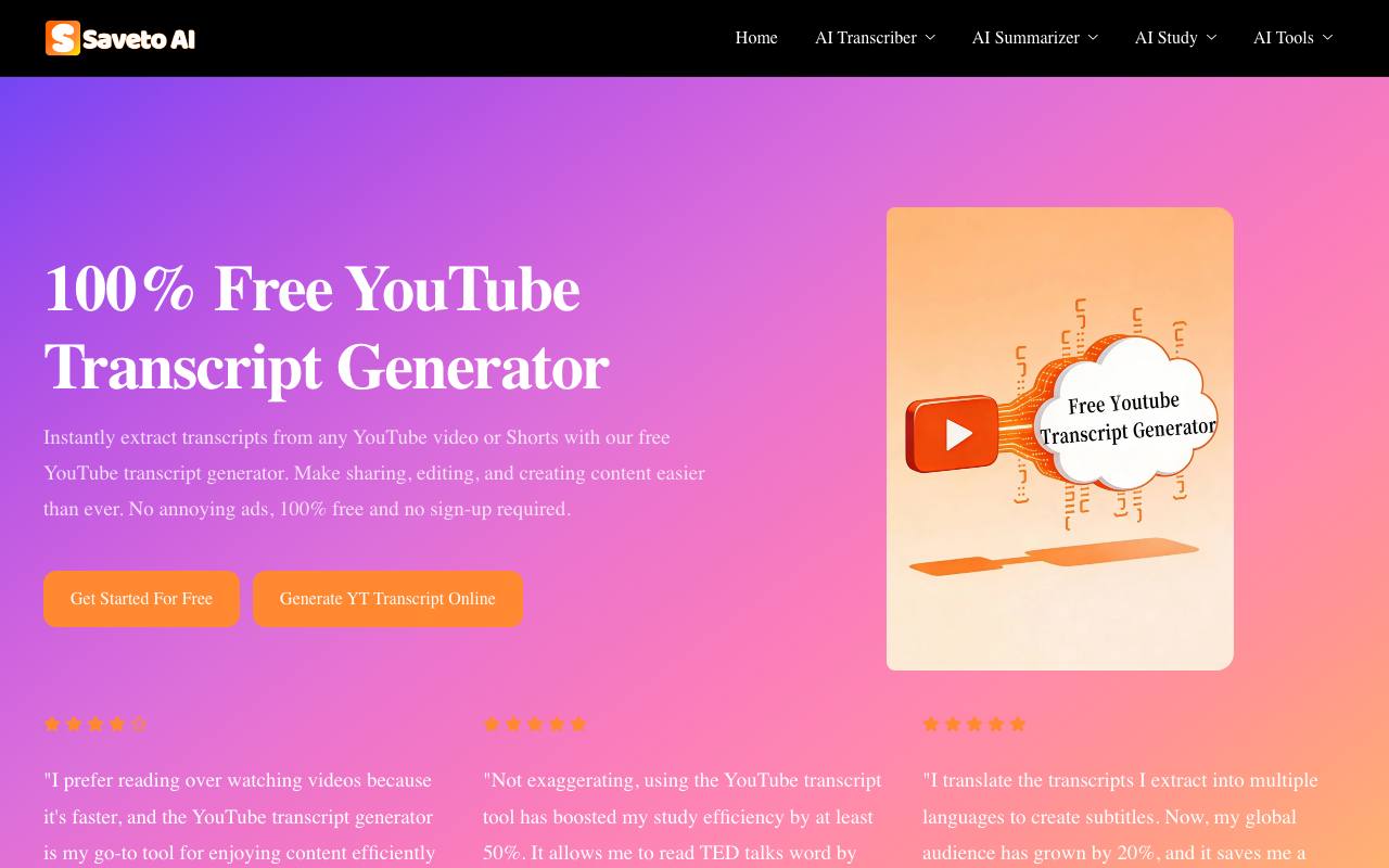 Saveto YouTube Transcript Generator screenshot