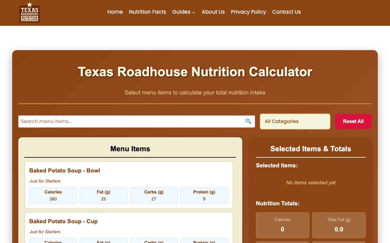 Texas Roadhouse Nutrition Calculator screenshot
