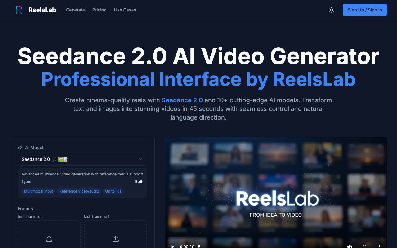 Seedance 2 on ReelsLab screenshot