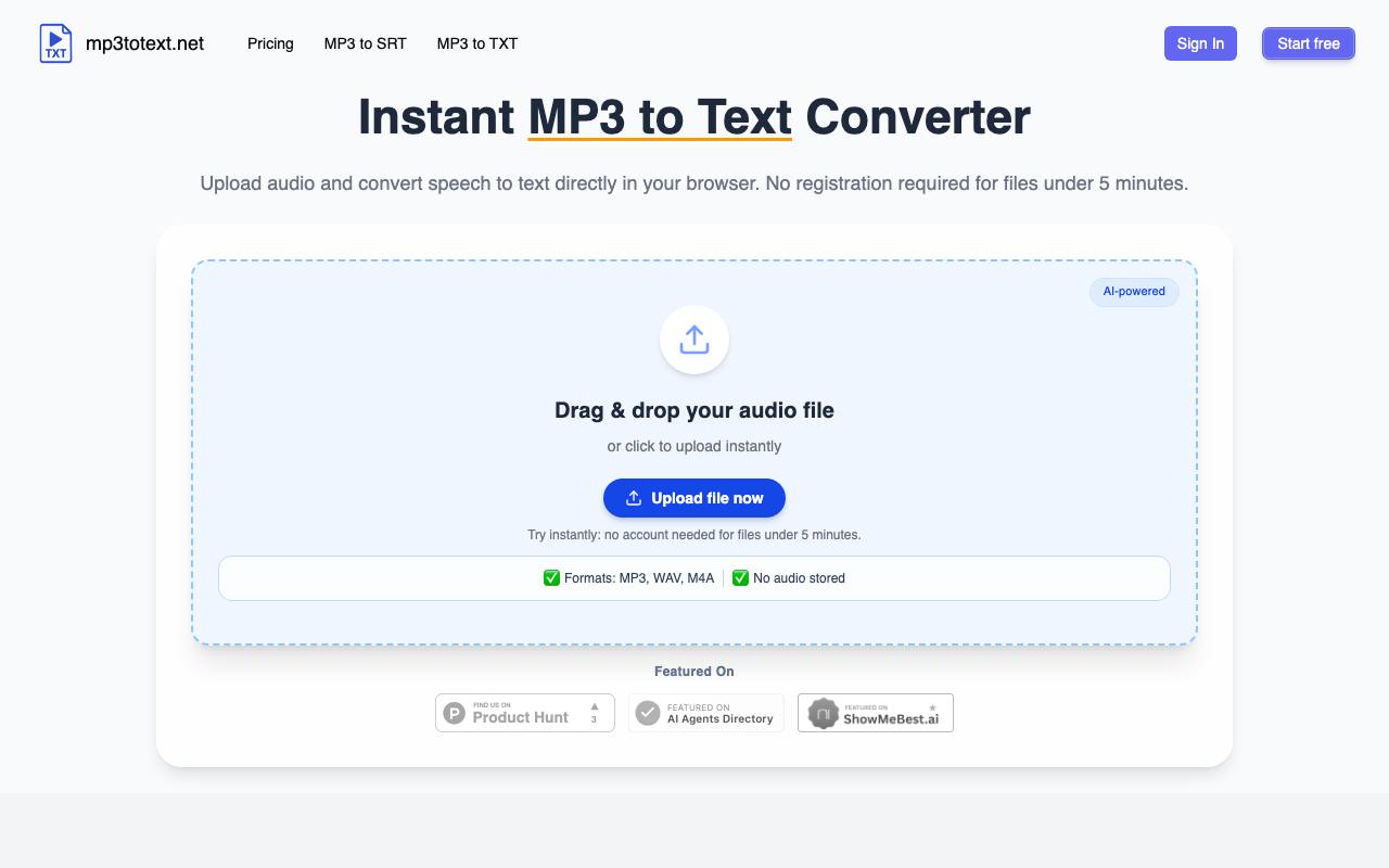 MP3 to Text, TXT & SRT Converter | mp3totext.net screenshot
