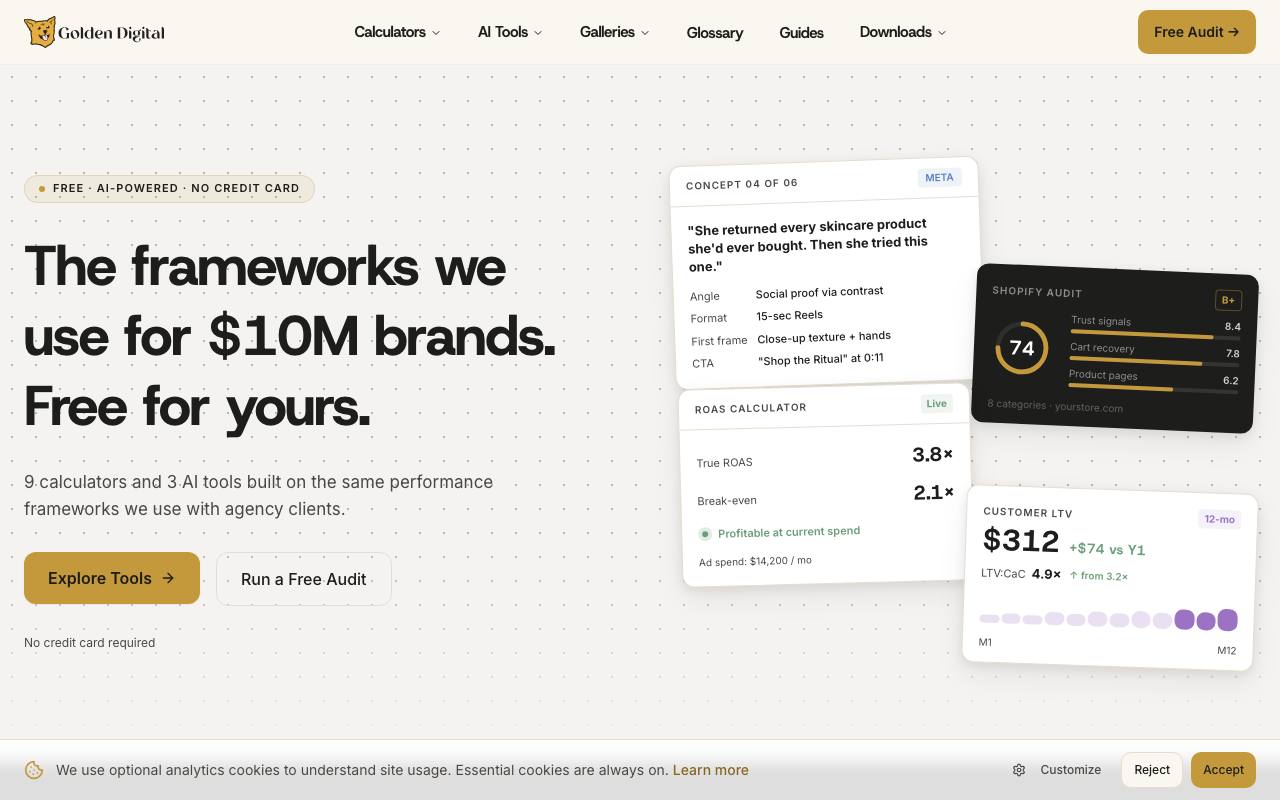 Golden Digital’s Free D2C Marketing Tools screenshot