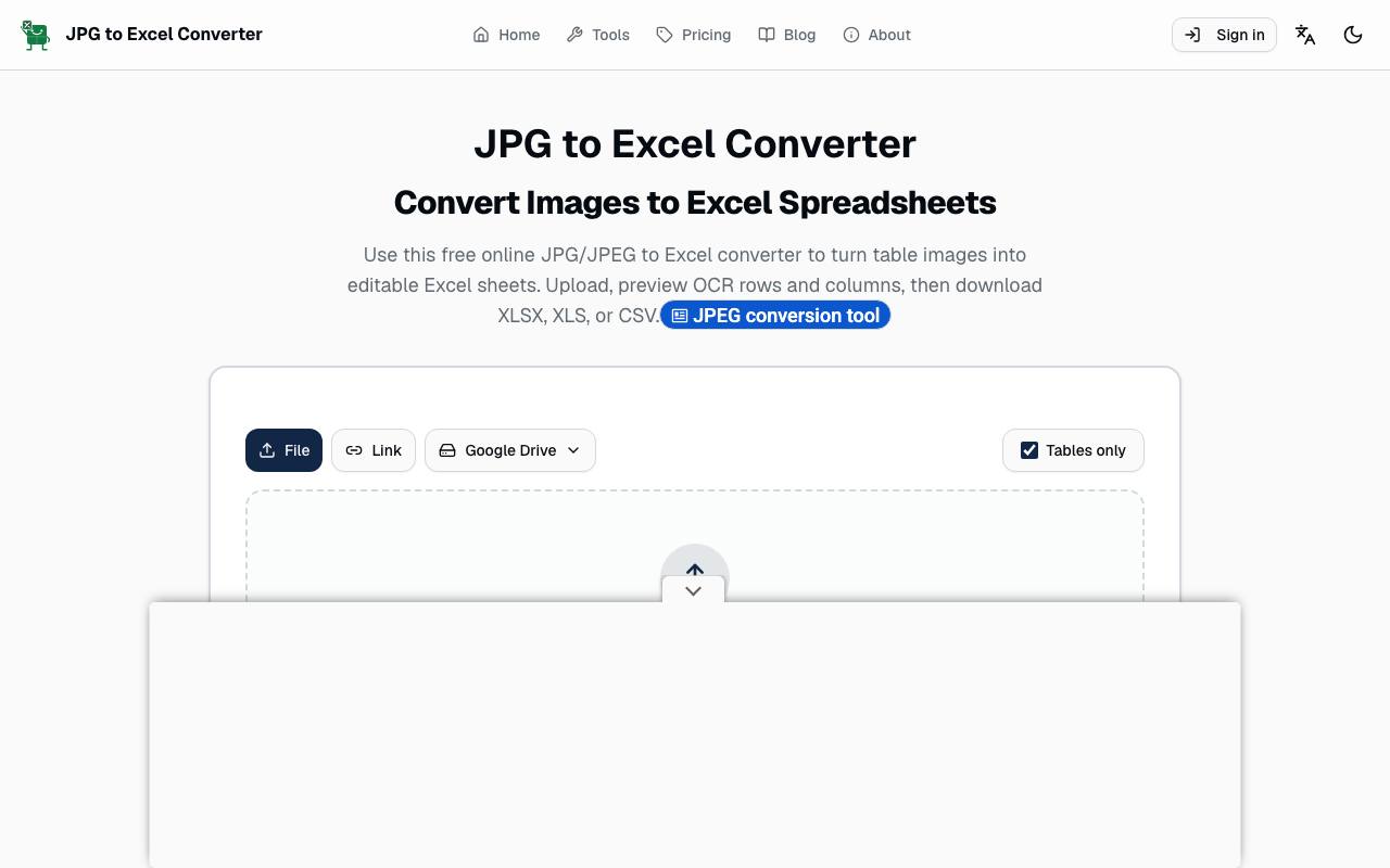 JPG To Excel Converter – Free Online AI Driven Tools screenshot