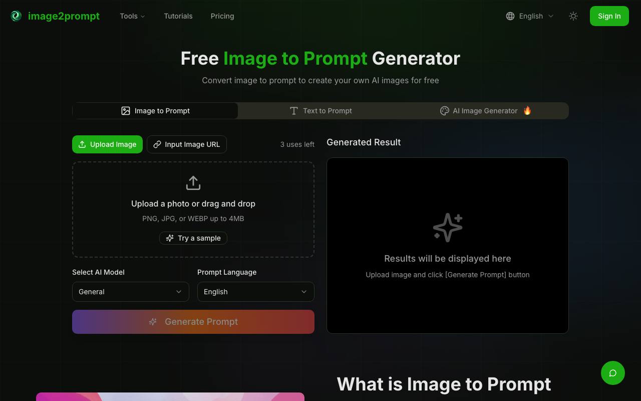 Image2Prompt – Free AI-powered tool for image analysis and AI image generation screenshot