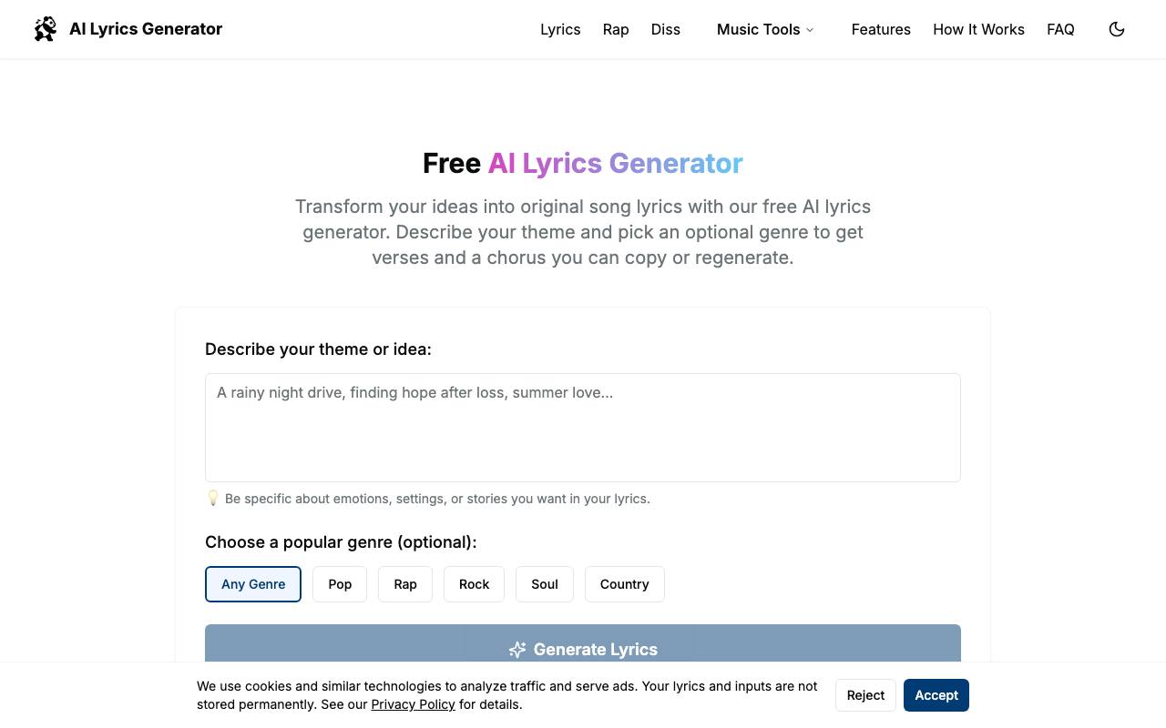 ai lyrics generator screenshot