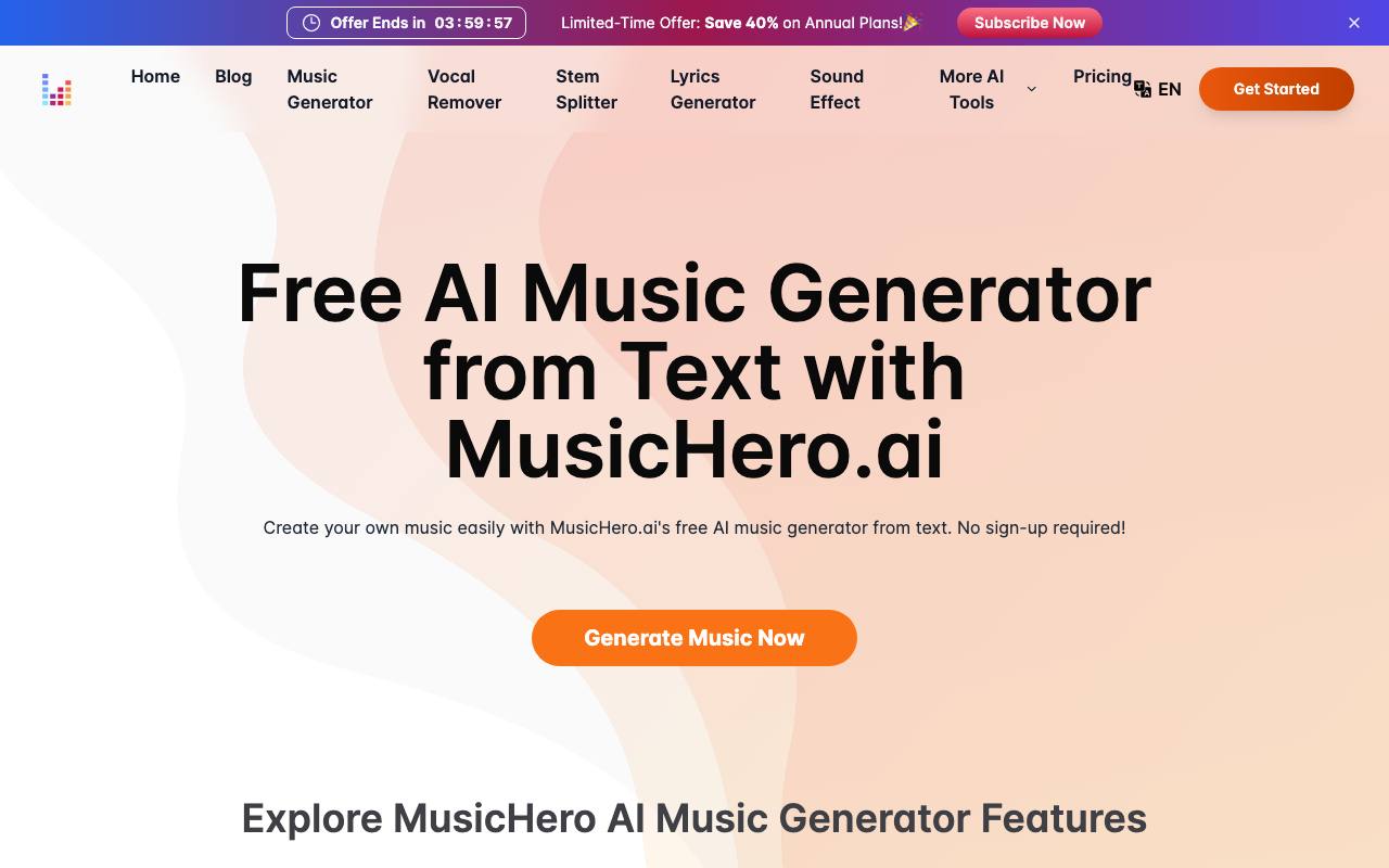 MusicHero.ai: Free AI Music Generator from Text Online screenshot
