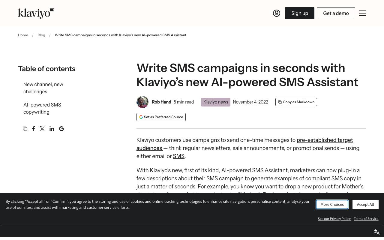 Klaviyo SMS Assistant screenshot