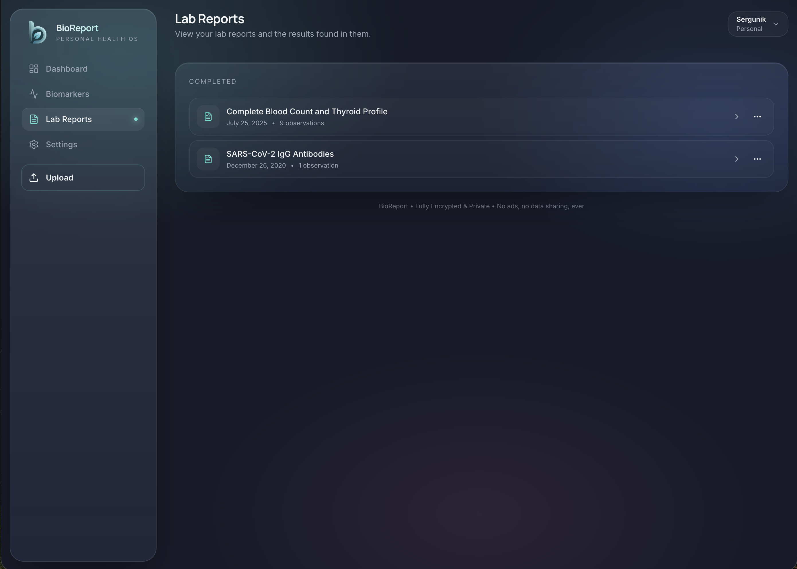 BioReport screenshot