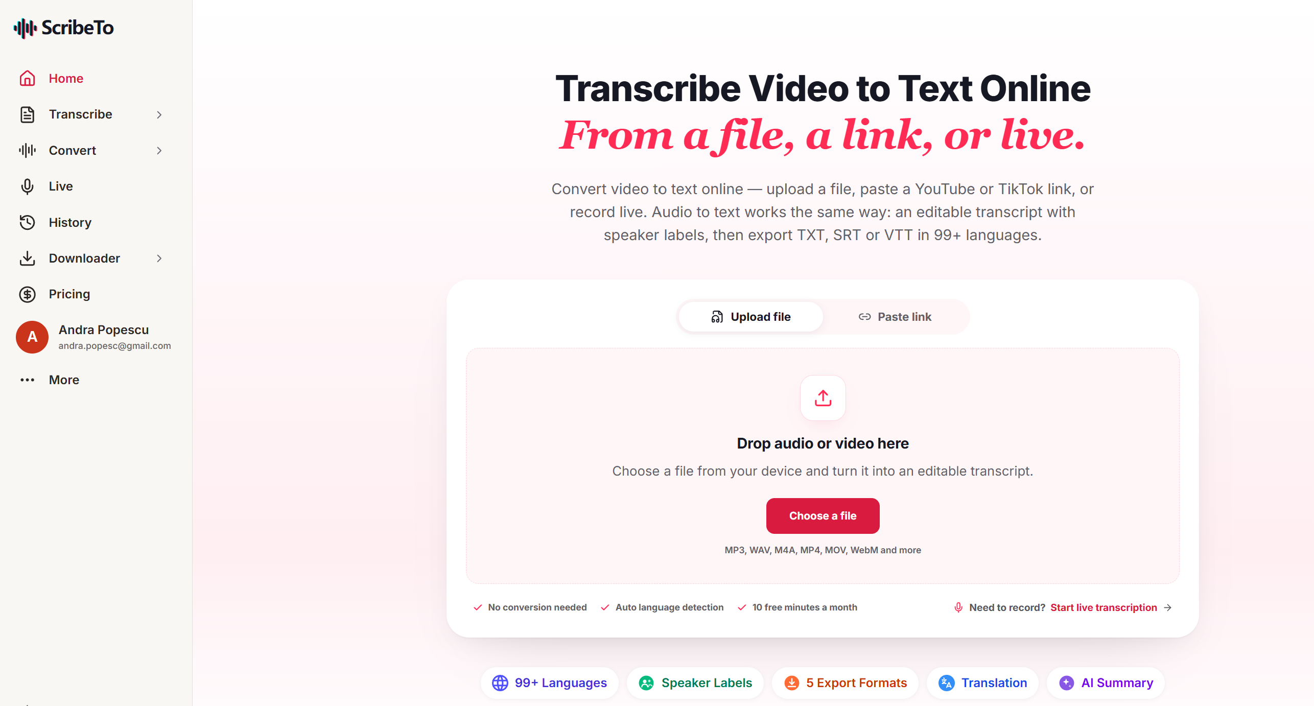ScribeTo -- AI Video to Text Transcription Tool screenshot