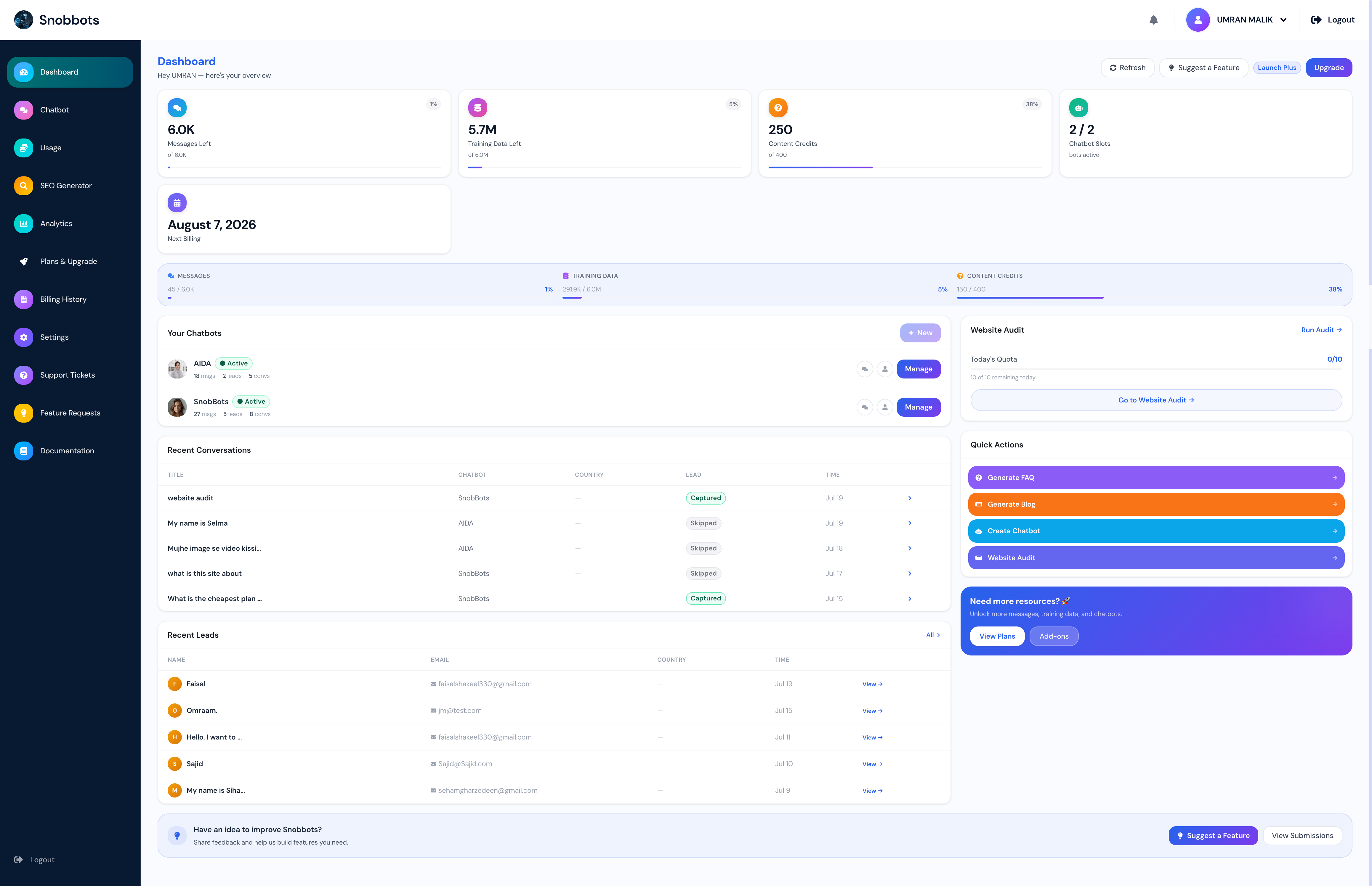 SNOBBOTS AI PLATFORM screenshot